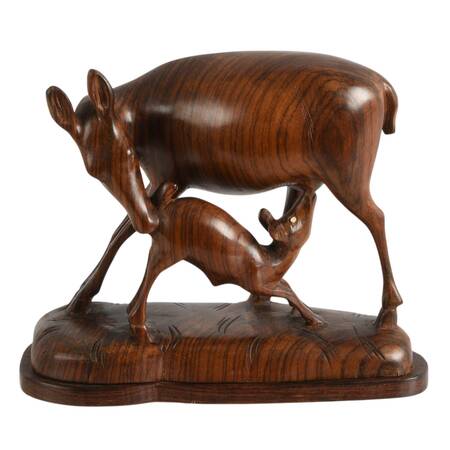 Mid-Century Carved Exotic Wood Mother and Fawn Deer Sculpture