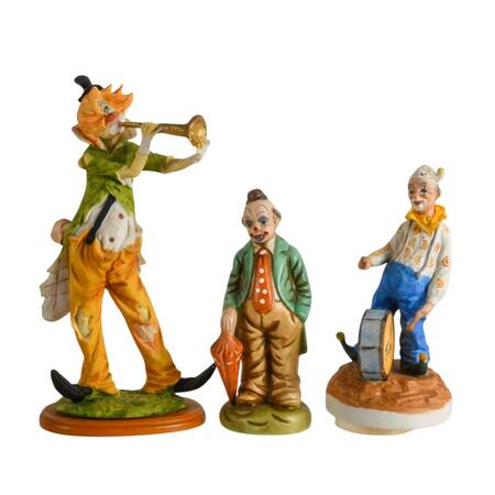 Trio of Bisque Clown Figurines Including Music Box