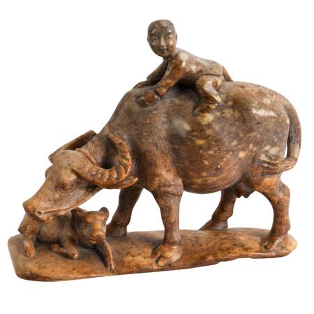 Antique Chinese Carved Soapstone Water Buffalo and His Boy Figurine