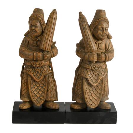 Pair of Carved Wooden Chinese Guardian Figures on Bases