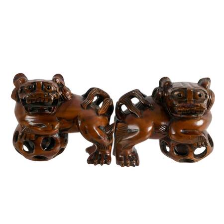 Pair of Hand-Carved Chinese Hard Wood Imperial Lions Figures