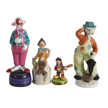 Four Mixed Material Clown Statues Including One Limoges Trinket Box