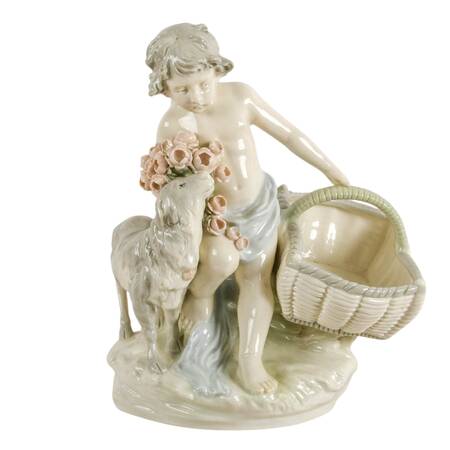 Antique Czechoslovakian Pastel Glazed Porcelain Boy and Sheep Biscuit Tray