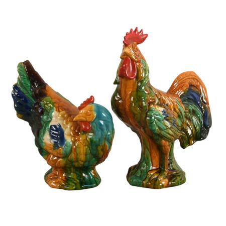 Pair of Ceramic Majolica Rooster and Hen Figurines