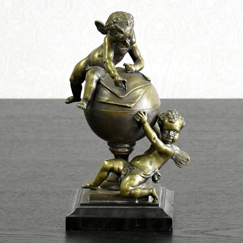 Unsigned Antique Mapmaking Cherubs Figural Bronze Inkwell