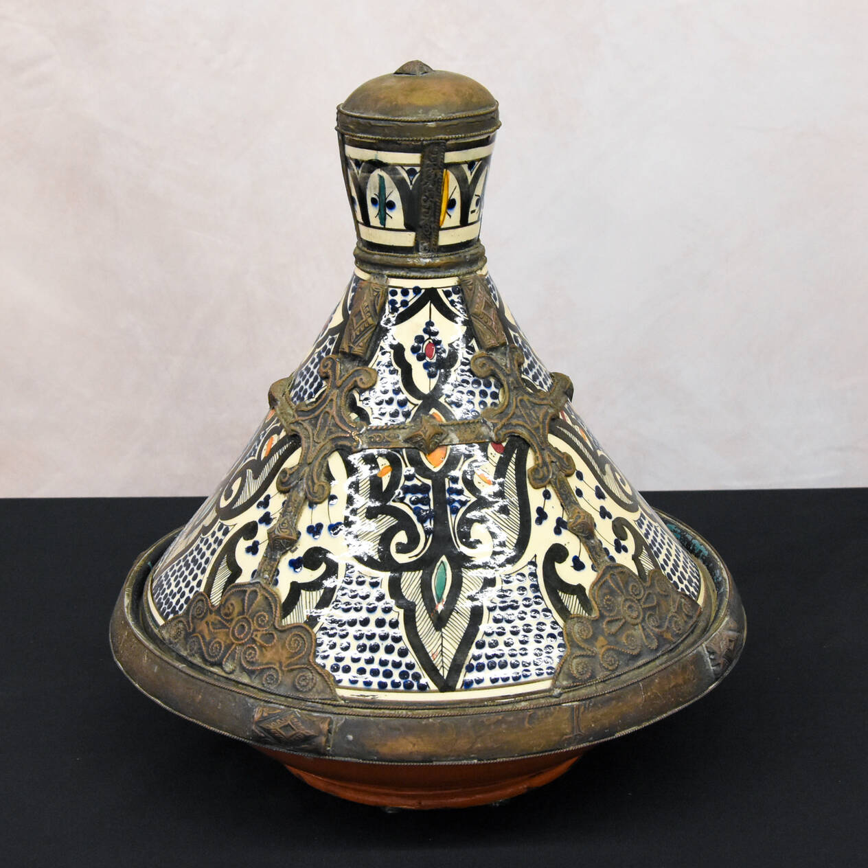 Antique Middle Eastern Moroccan Ceramic Painted Tajine with Lid