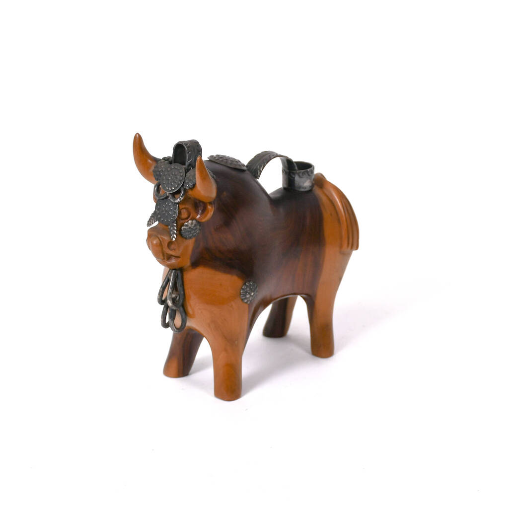 Mid-Century Modern Mahogany & Silver Torito de Pucara Bull Statue