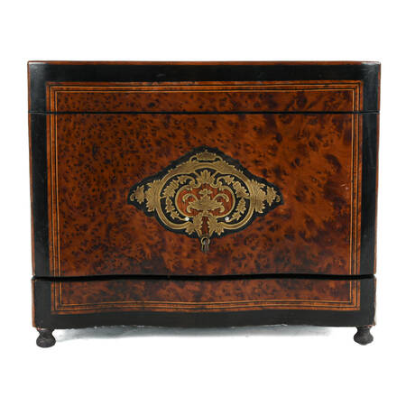 French Burlwood Liquor Tantalus Inlaid Bar with Decanters and Cordials