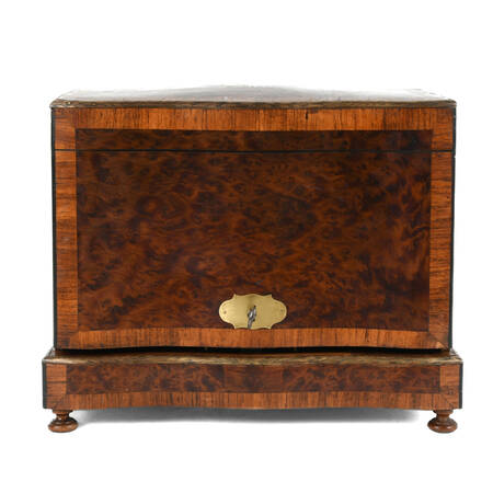 Antique French Marquetry Burlwood Liquor Tantalus with Glassware