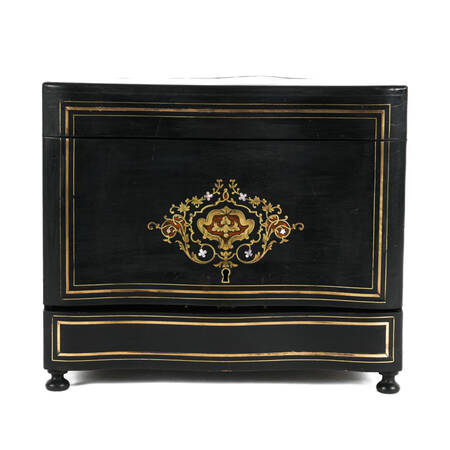 Antique Liquor Tantalus Ebonized and Inlaid Bar with Crystalware