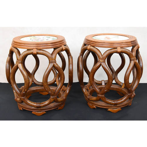 Pair of Bentwood Drum Stools with Inset Porcelain Top