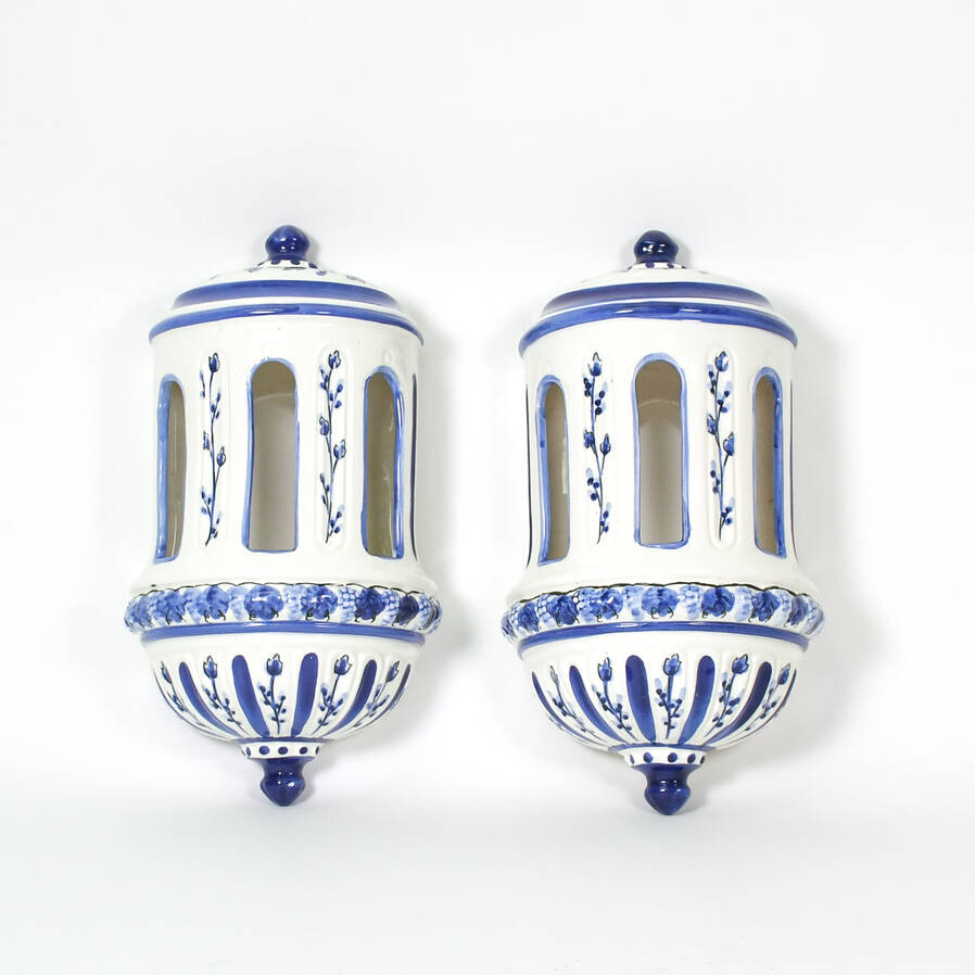 Pair of Ceramic Portuguese Blue and White Grape Motif Wall Pockets