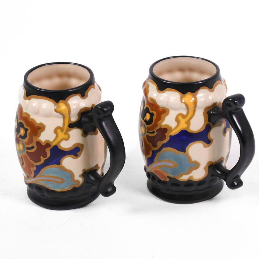 Matched Pair Hand-Painted Gouda Pottery Mugs
