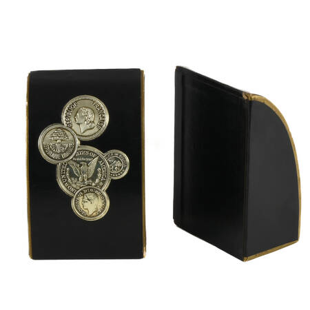 Art Deco Black Leather and Coin Bookends