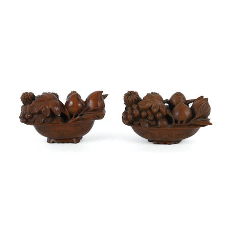 Pair of Hand-Carved Wooden Fruit and Foilage Sculptures