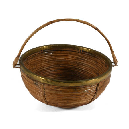 Mid-Century Modern Rattan Brass Trim Basket