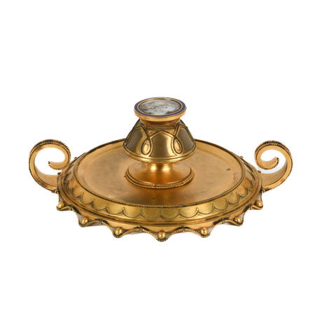 Antique French Gilt Inkwell with Hand-Painted Inset Porcelain Medallion