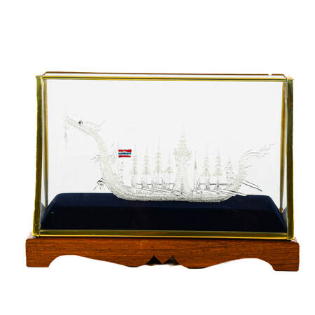 Chinese Spun Glass Royal Dragon Boat in Blue Lined Case