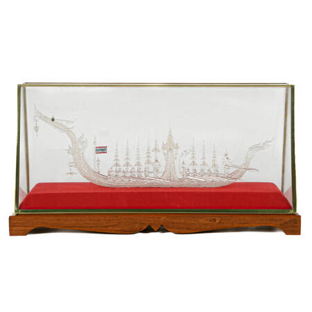 Chinese Spun Glass Royal Dragon Boat in Red Lined Case