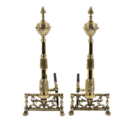Antique French Pair of Brass Classical Footed Andirons