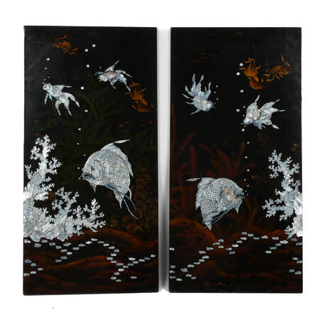 Pair of Black Lacquer Mother of Pearl Inlaid Koi Pond Wall Panels