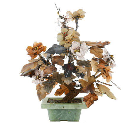 Antique Chinese Carved Hardstone and Jade Bonsai Tree