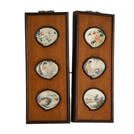 Antique Pair Chinese Hand-Painted Clam Shell Wall Panels