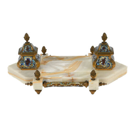 French Champlevé Enamel and Onyx Desktop Inkwell