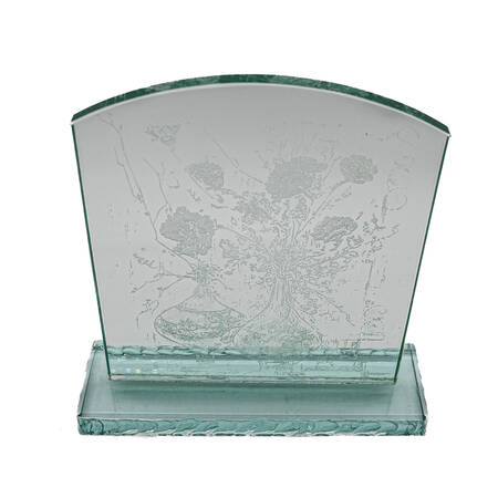 Edna Hibel Floral in Vases Etching on Glass Panel with Base