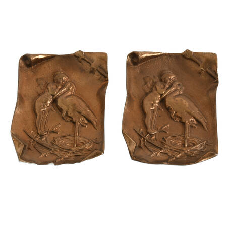 Pair of Brass Plates of a Cherub and Stork