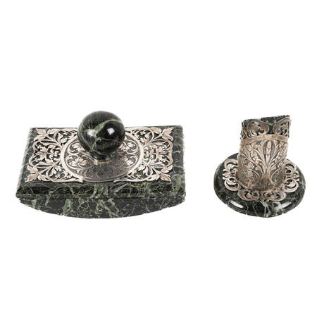 French Sterling Silver and Green Marble Pen Holder and Blotter Desk Set