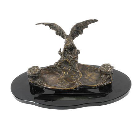 Signed Albert Marionnet Figural Eagle Bronze Double Inkwell