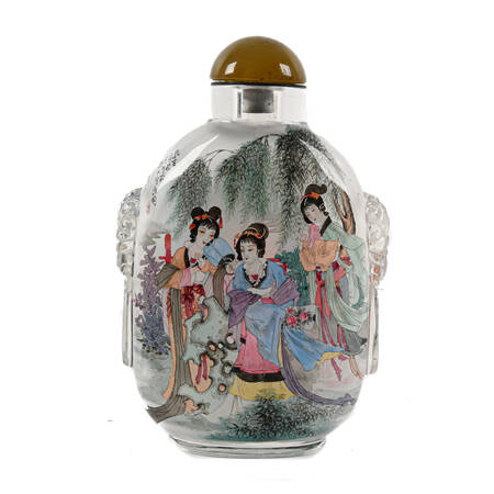 Oversized Chinese Reverse Painted Snuff Bottle of Three Female Figures