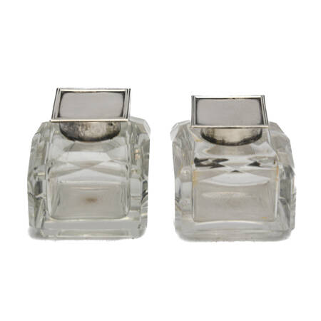 Antique Pair of Sheffield Silver and Crystal Inkwells
