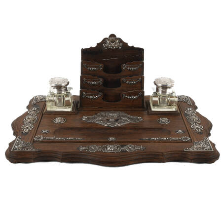 Wood Desk Stand with Glass Inkwells