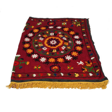 Hand-Embroidery Suzani Silk Crewel Fringed Textile Panel