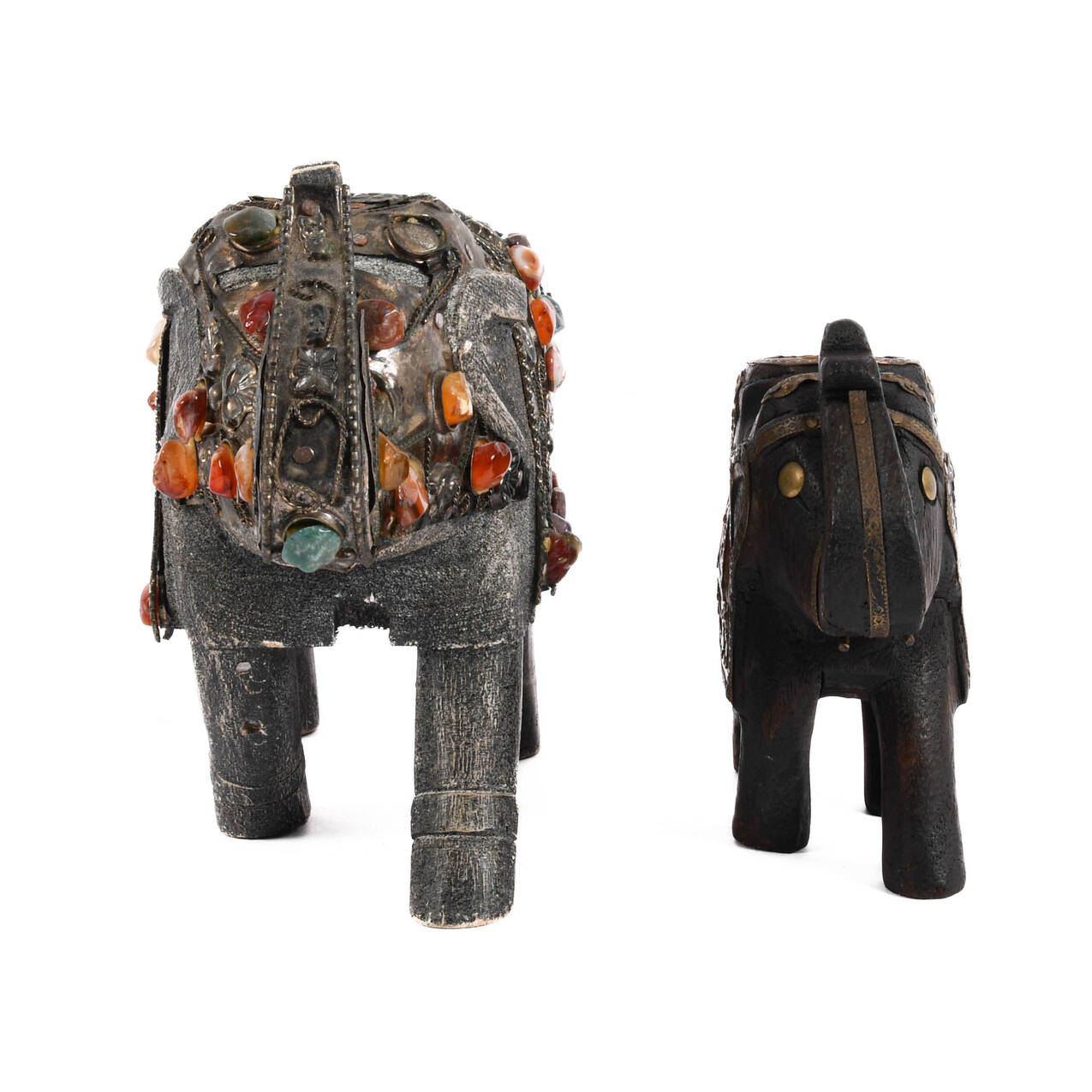 Grouping of Two Stone and Wood Elephant Statues