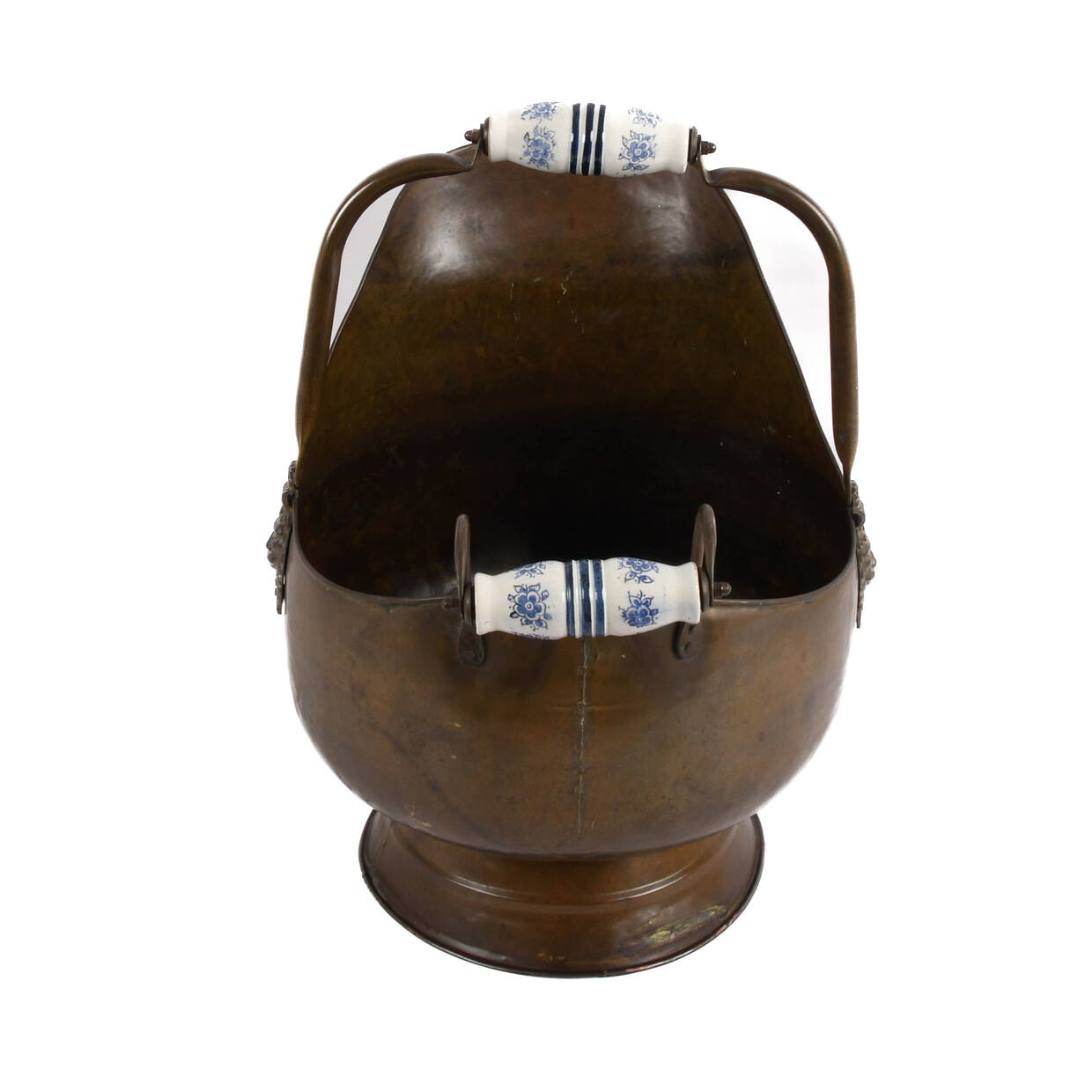 Antique Copper and Delft Handle Coal Bucket