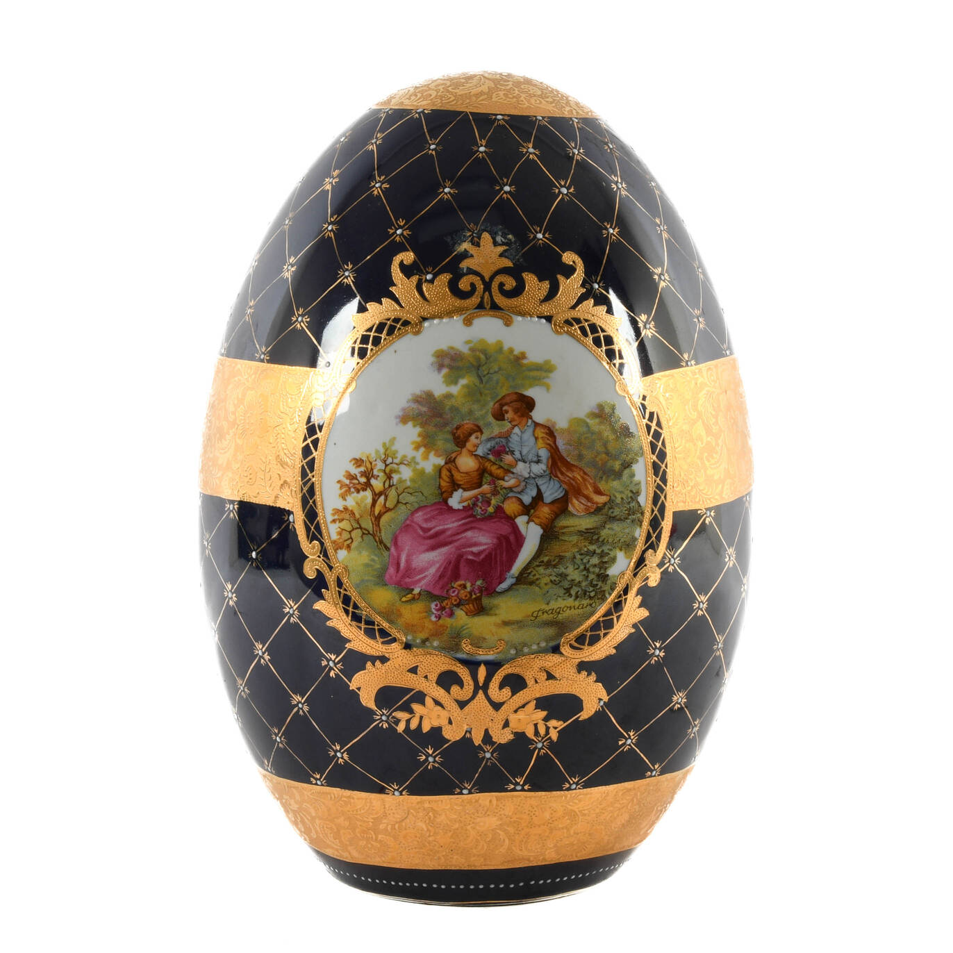 Oversized Limoges-Style Cobalt Blue and Gilt Decorated Egg