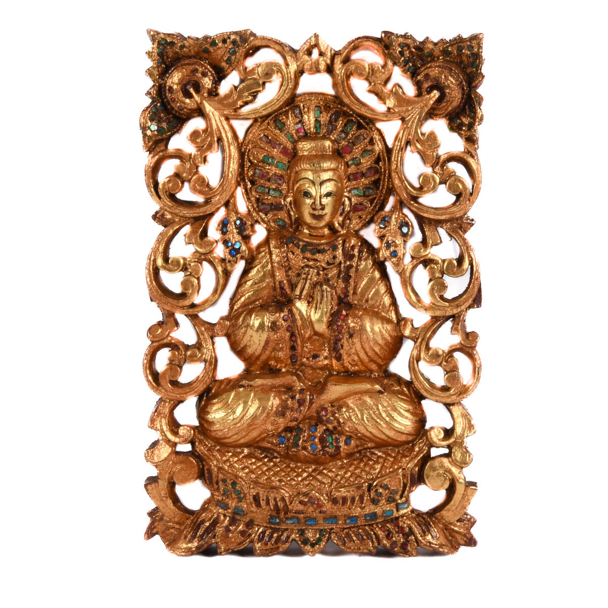 Gilt Wood Carved and Inlaid Stone Asian Wall Plaque