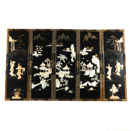 Set of Five Black Lacquer Asian Wall Panels