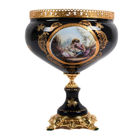 Lover's Scene Cobalt and Gilt Porcelain Compote by Limoge