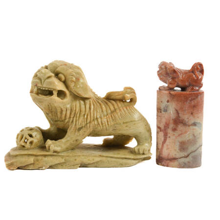 Two Chinese Carved Soapstone Guardian Lion Statues