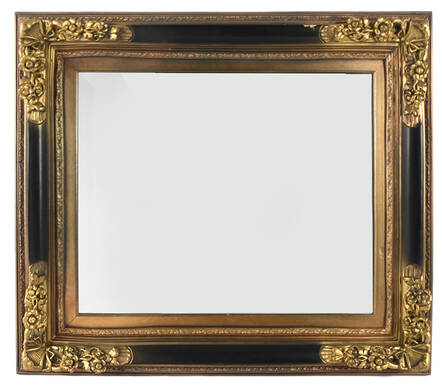 Beveled Wall Mirror with Ornate Black and Gold Frame