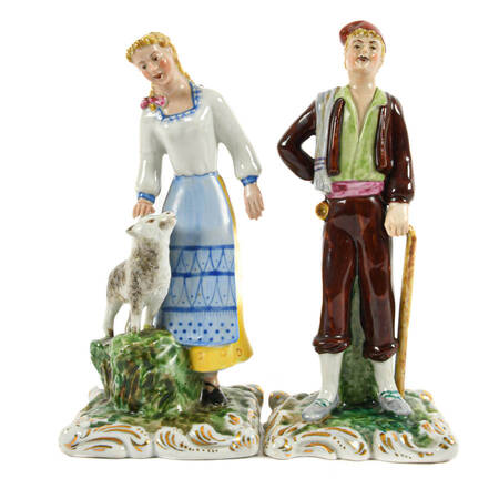 Antique Pair of Porcelain Marquesa Figural Couple Statues