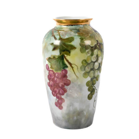 Hand-Painted Porcelain Grapevine Vase with Gilt Rim