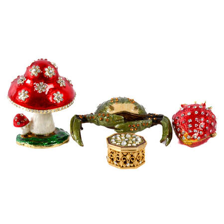 Grouping of Four Figural Jeweled Boxes: Strawberry, Crab, Box, and Mushroom