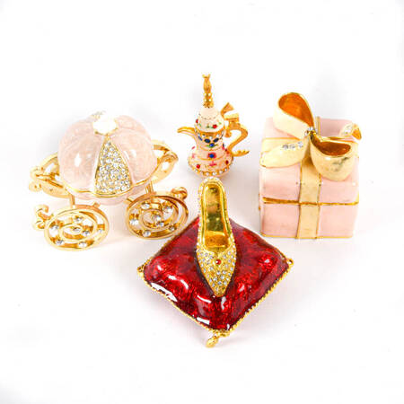 Grouping of Four Figural Jeweled Boxes: Carriage, Shoe, Tea Pot, and Box