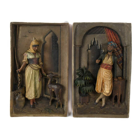 Antique Pair of 3D Figural Orientalist Pottery Wall Plaques