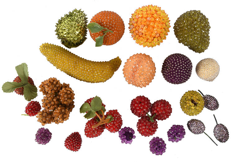 Mid-Century Modern Era Grouping of Push Pin Beaded Fruit